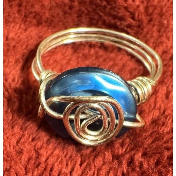 -RING Wire Wrapped Silver Ring With Blue Button Size 8 - Picture 2 of 6